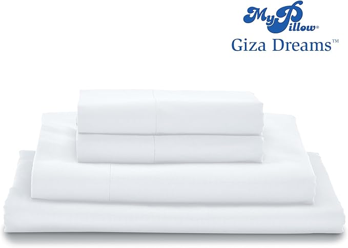 MyPillow Giza Dreams Bed Sheets, 100% Certified Giza Egyptian Cotton, Deep Pocket, Sateen Weave [King, White]