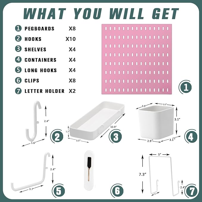 Pegboard Combination Kit, Wall Mounted Storage Set with 8 Pegboards & 28 Accessories Hanging, Peg Boards Organizer for Walls Display, Crafts Organization, Kitchen Organizer, 22" x 44" Pink