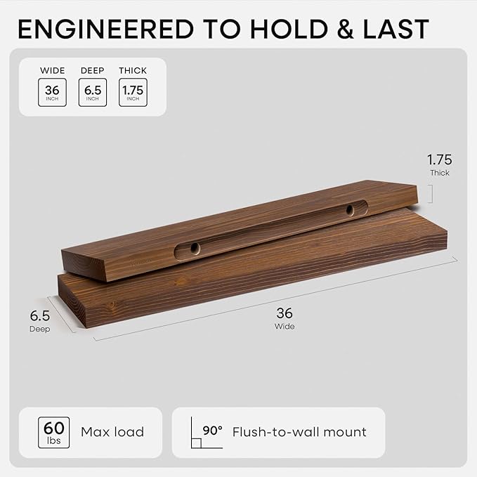 Homeforia Classic Walnut 36 inch Floating Shelf, High End Solid Real Wood Small 36inch Floating Shelves for Wall Mounted, 36in Floating Shelves, Heavy Duty Bracket, 36 X 6.5 X 1.75 inches, Set of 2