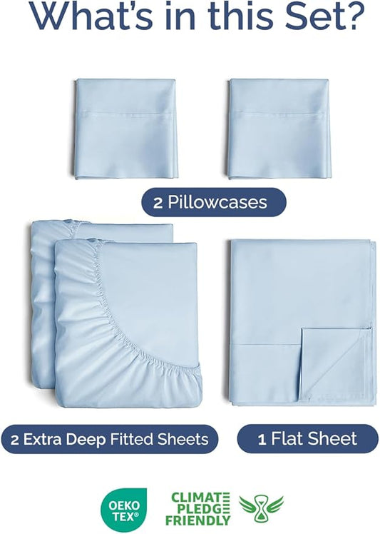 Extra Deep Pocket Split King Sheets - 5 Piece Breathable & Cooling Bed Sheets - Hotel Luxury Sheet Set - Soft, Wrinkle Free & Comfy - Easily Fits Extra Deep Mattresses - Deep Pocket Sky Blue Sheets