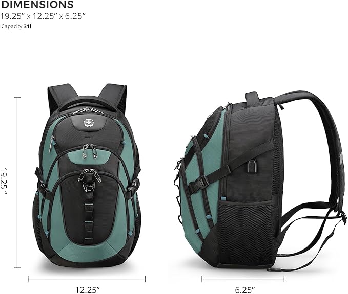 Swissdigital Design Laptop Backpack with USB Charging Port, Travel Backpack Fits 15.6 inches Computer, 31L College School Backpack for Men, Lake Green/Black | SD803-27