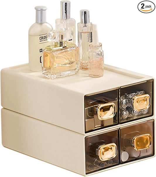 2PACK Stackable Desktop Storage Organizer Plastic Desk Organizer with Drawer Stacking Drawer for Home, Makeup, Vanity, Garage,Office, and Small Organization(M - 2 Drawer, Cream White)
