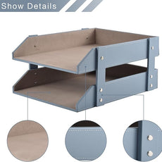Leather Desk Letter Tray,Office Supplies Paper Organizer for Mail Paper Files Magazines Jewelry Cosmetics,Fashion Letter Holder& 2-Tier Multipurpos Stackable Office Desktop Storage Box,Grey