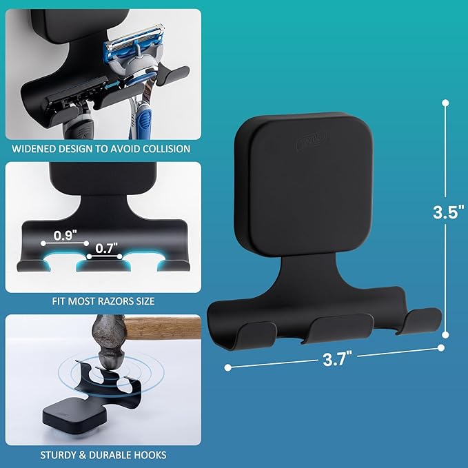 TAILI Powerful Suction Cup Razor Holder 2 Pack, Stylish 304 Stainless Steel Bathroom Suction Hooks for Towel, Loofah, Bathrobe, Shaver Holder for Shower Wall, Easy to Install and Reuse, Black