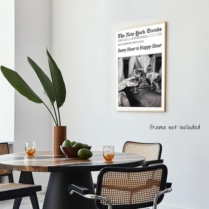 Retro New York Trends Wall Art Black and White Newspaper Poster Every Hour Is Happy Hour Canvas Prints Funky Feminist Posters Trendy Alcohol Wall Decor for Bar Cart Hot Girl Dorm Room Decorative 12x16inch Unframed