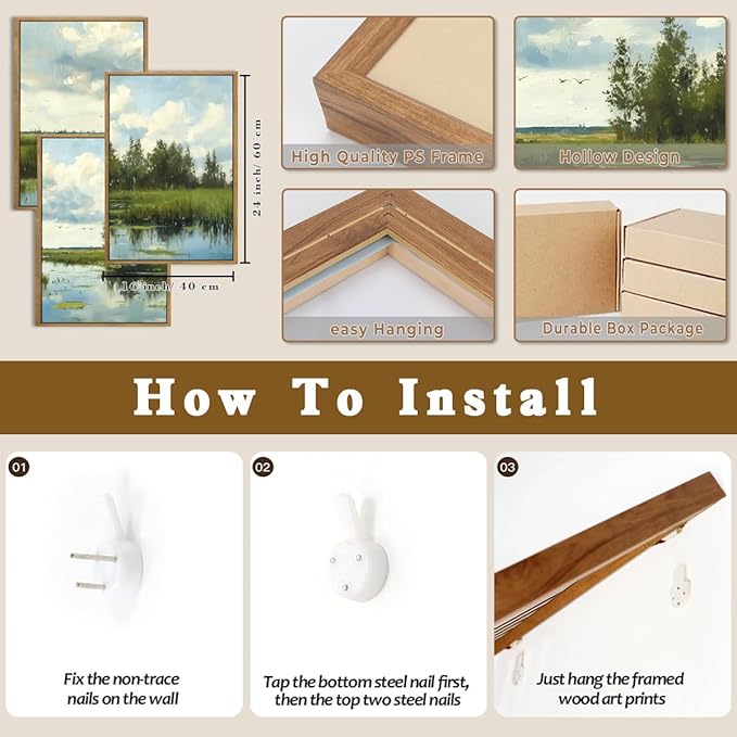 BINCUE Framed Green Nature Wall Art Lake Scenery Wall Decor Landscape Art Print for Living Room Bedroom Office 16 x24 Inches Set of 3