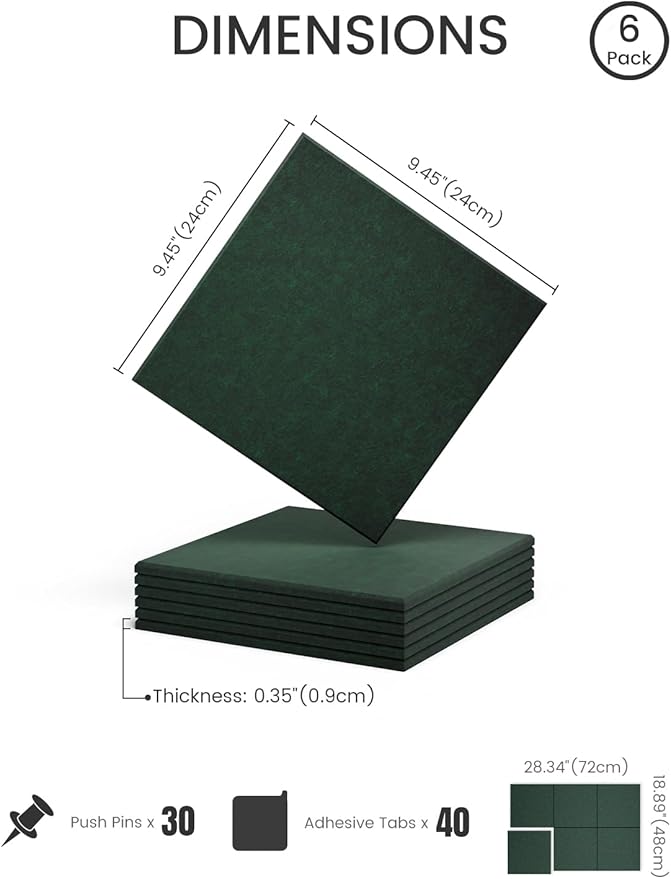 Felt Bulletin Board Tiles -28"x18" Cork Board Alternative for Office Decor, Push Pin Board Wall Organizer 6-Pack -Pine Green