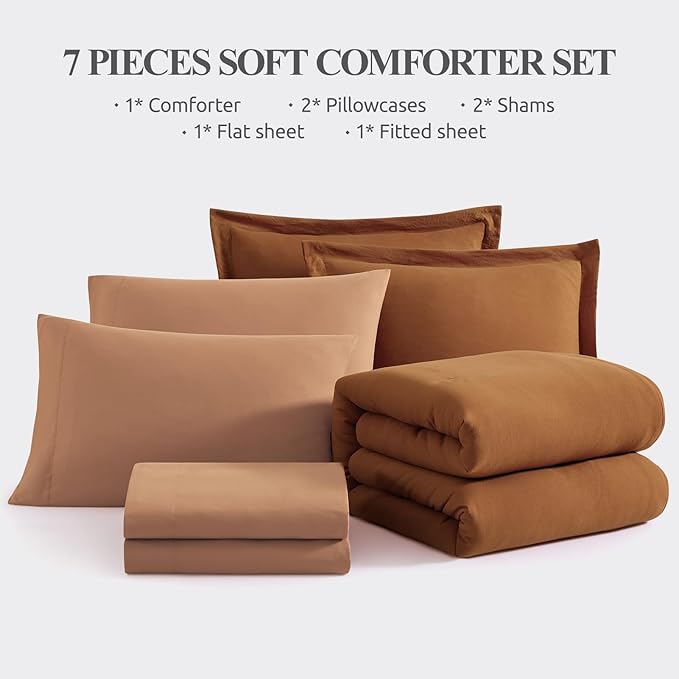WRENSONGE Terracotta King Comforter Set, 7 Pieces Soft Microfiber King Size Comforter with Fitted Sheet, Flat Sheet 2 Pillow Shams, and 2 Pillowcases- Warm King Bedding Set for All Season