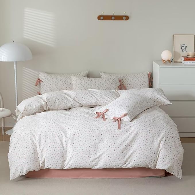 MKXI Garden Comforter Small Flowers Print Girls Pink Floral Twin XL Comforter Set White Soft Comforter Twin Pink Stripes Comforter with Cute Bow Pillowcases Youthful Aesthetic Bedding
