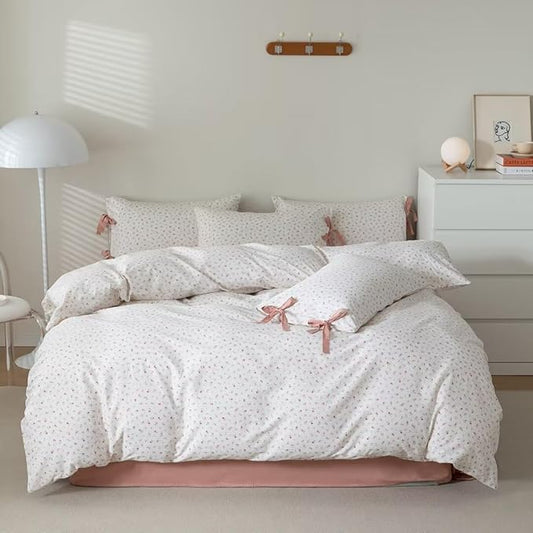 MKXI Garden Comforter Small Flowers Print Girls Pink Floral Twin XL Comforter Set White Soft Comforter Twin Pink Stripes Comforter with Cute Bow Pillowcases Youthful Aesthetic Bedding