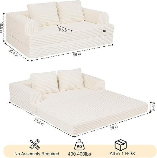 COMAX Convertible Sofa Bed, Folding Floor Couch Corduroy Fold Out Couch Bed Futon Sleeper Mattress with Pillows, Boneless Sofa Comfy Lounge Loveseat for Living Room Bedroom, Plush Beige