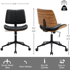 Home Office Chair No Arms with Wheels, Adjustable Height Small Desk Chair, PU Leather Mid Back 360 Swivel Computer Chair, Armless Modern Walnut Chair for Office, Reading Meeting Room(Black)