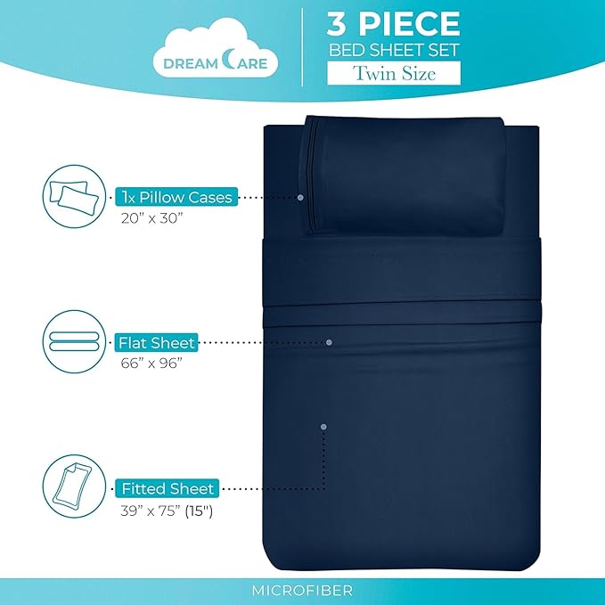 DREAMCARE Twin XL Sheet Sets – 3pcs Cooling Sheets – up to 15” Deep Pocket Twin XL Sheets Set – Hotel Luxury Sheets & Pillowcases – Superior Softness 100% Fine Microfiber with Side Pocket – Navy Blue DREAMCARE