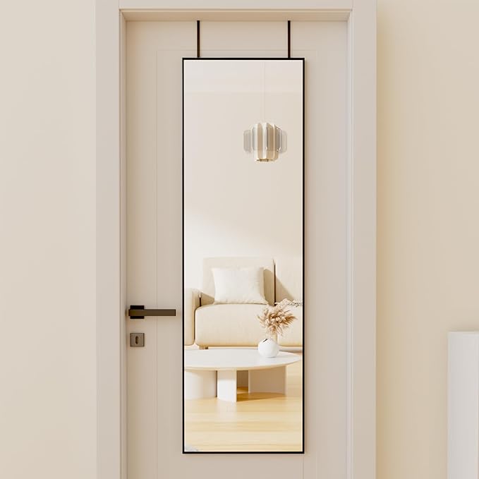 BEAUTYPEAK 14" x 48" Adjustable Height Over The Door Mirror, Rectangular Full Length Hanging Door Mirror with Shatterproof Tempered Glass Aluminum Alloy Frame for Dormitory, Black