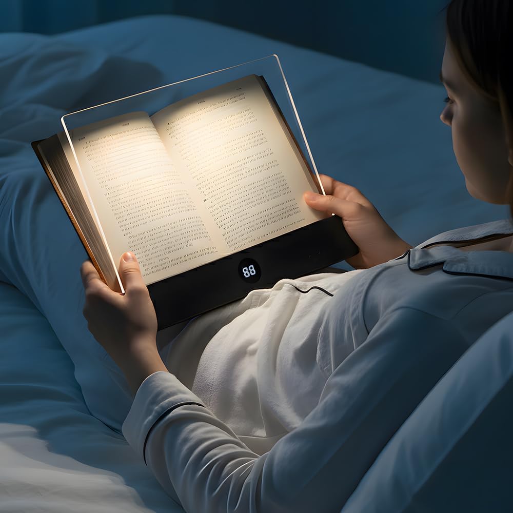 PolishWiz Rechargeable Book Light with Clear LED Flat Panel, 3 Color Modes & Timer, Dimmable Full Page Reading Light for Reading in Bed at Night, Book Lights for Readers Kids Adults (Black)