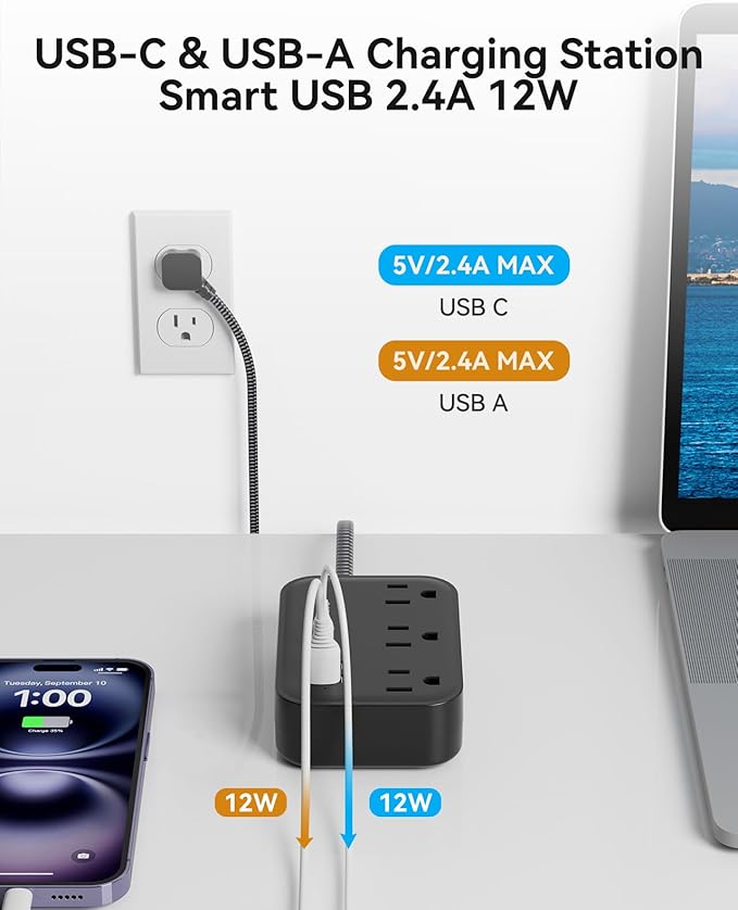 Flat Plug Power Strip with USB C Ports, Black Extension Cord 5FT with 3 AC Outlets 3 USB, Short Extension Cord Outlet Extender with No Surge Protector for Cruise Ship, Dorm Room Travel Essentials
