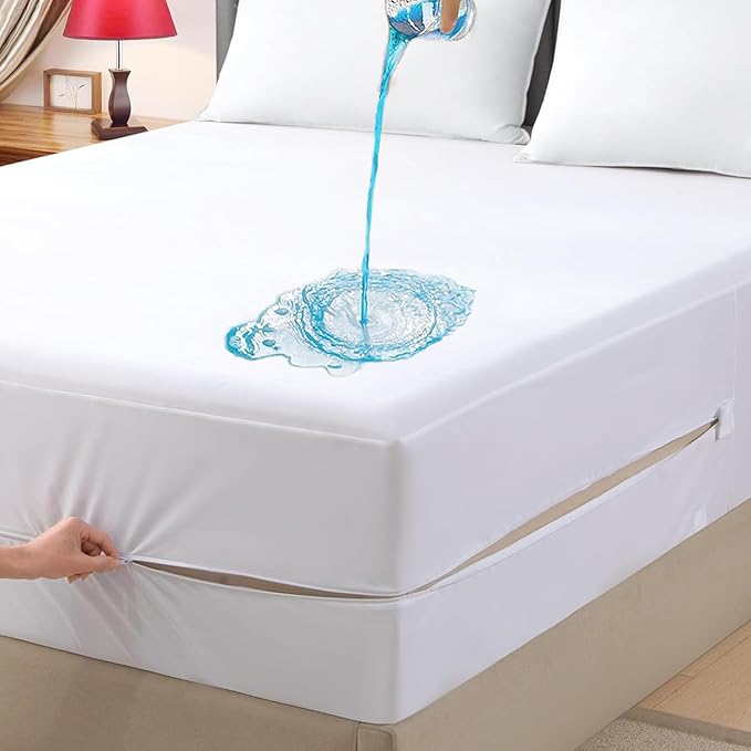 Twin XL Waterproof Zippered Mattress Encasement, Breathable, Noiseless, Machine-Washable Zipped Mattress Cover, Fitting 7" - 13" Deep Mattress
