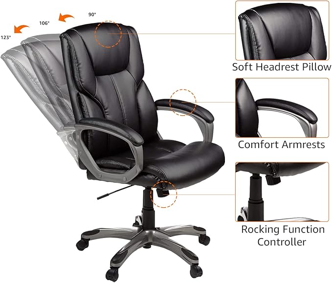 Amazon Basics Executive High Back Office Desk Chair, Adjustable Height, Tilt, Swivel, one Size, Black/Silver