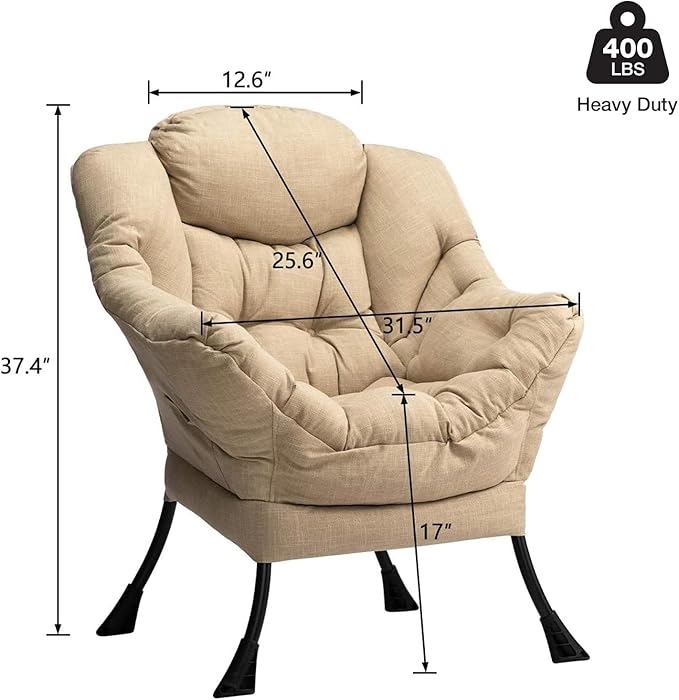 HollyHOME Lazy Chair with Armrest and Side Pocket, Comfy Accent Lounge Chair,Leisure Sofa Armchair for Living Room, Bedroom, Dorm, or Small Spaces, Oversized Reading Sofa Chair,Cotton-Linen Tan