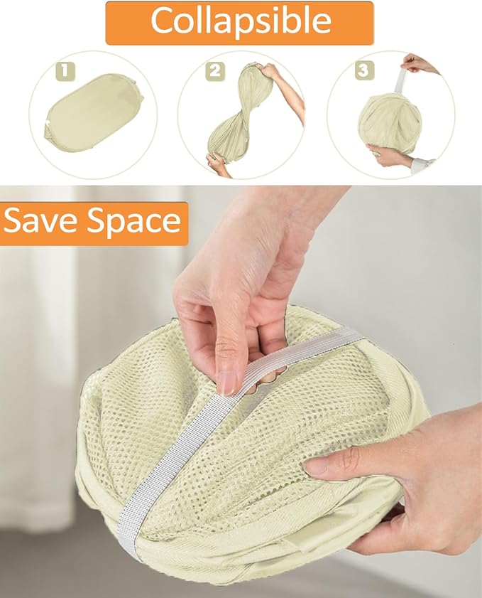Durable Collapsible Laundry Baskets- Reinforced Mesh Pop Up Laundry Hamper with Side Pocket, Foldable Clothes Storage Hamper with Carry Handles for Laundry, Bathroom, Kids Room, Dorm or Travel Beige