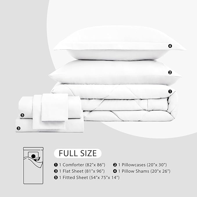 Love's cabin Full Comforter Set White, 7 Pieces Full Bed in a Bag, All Season Bedding Sets with 1 Comforter, 1 Flat Sheet, 1 Fitted Sheet, 2 Pillowcase and 2 Pillow Sham