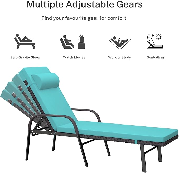 Patio Chaise Lounge Set 3 Pieces Pool Lounge Chairs,Cushioned Outdoor Folding Lounge Chair w/Arm and Rattan Adjustable Backrest for Poolside Porch,Folding Table Included,Turquoise Blue