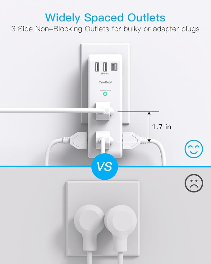 Surge Protector Outlet Extender with Rotating Plug, PD 20W, One Beat 6 AC Multi Plug Outlet with 3 USB Ports (1 USB C), 1800 Joules, 3-Sided Swivel Power Strip with Spaced Outlet Splitter for Office