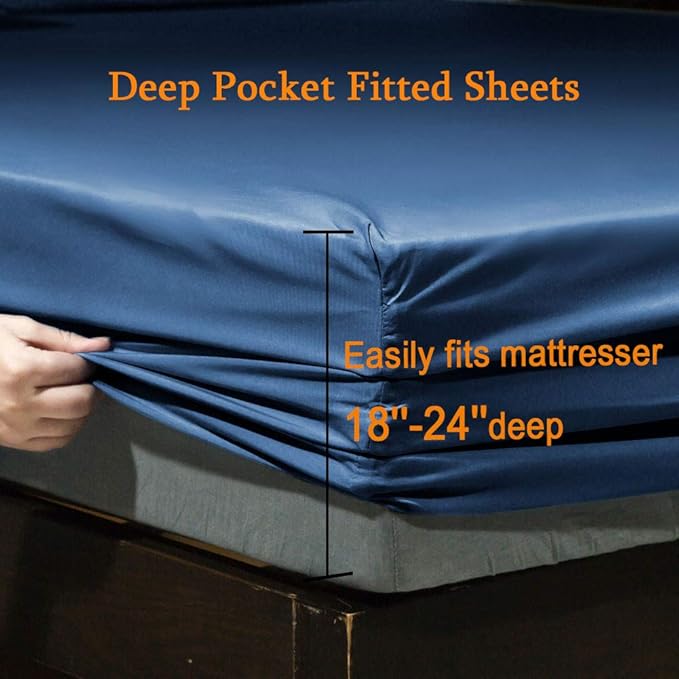 SONORO KATE Bed Sheet Set Super Soft Microfiber 1800 Thread Count Luxury Egyptian Sheets Fit 18-24 Inch Deep Pocket Mattress Wrinkle -6 Piece (Navy Blue, California King)