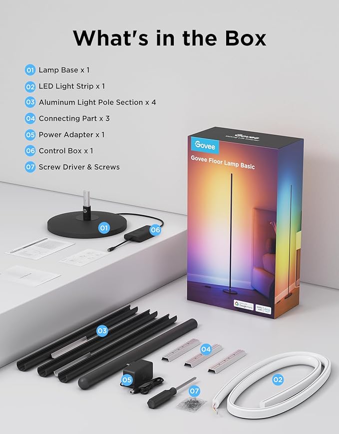 Govee RGBIC Floor Lamp Basic, LED Corner Lamp Works with Alexa, 1000 Lumen Smart Modern Floor Lamp with Music Sync and 16 Million DIY Colors, Color Changing Standing Lamp for Bedroom Living Room Black