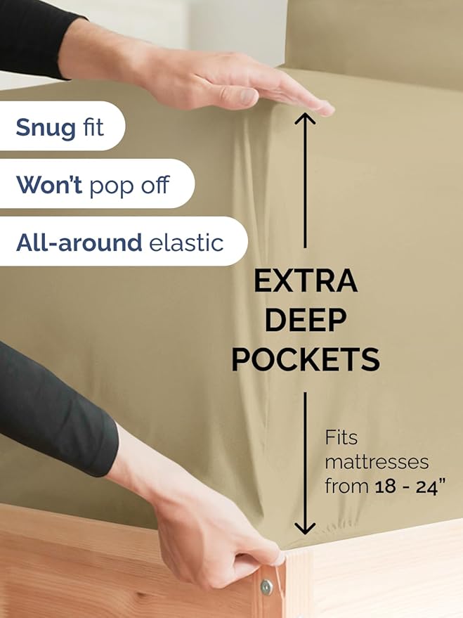 Extra Deep Pocket Queen Sheet Set - 4 Piece Breathable & Cooling Bed Sheets - Hotel Luxury Sheet Set - Ultra Soft, Wrinkle Free & Comfy - Easily Fits Extra Deep Mattresses - Deep Pocket Beige Sheets