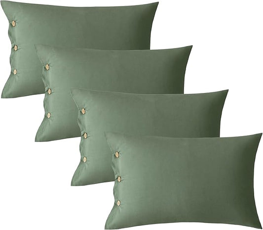 JELLYMONI Pillowcases Standard Set of 4 Cotton Button Pillow Covers 20×26in Green Bed Pillow Cases 100% Washed Cotton Soft Breathable (Pillows are not Included)