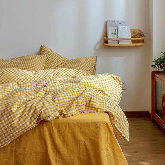 VM VOUGEMARKET Yellow Gingham Duvet Cover Set Queen 3 Pieces Plaid Duvet Cover with Zipper Ties 2 Pillowcases 100% Washed Cotton Modern Luxury Bedding Set (Queen,90"x90")