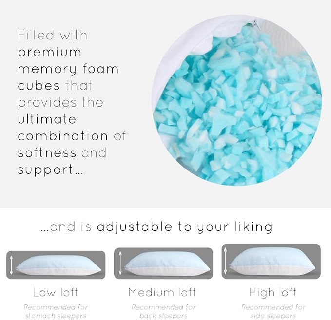 pillosophy Original Memory Foam Pillow • Adjustable Height • Premium Shredded Memory Foam Fill • for Back, Side, Stomach Sleepers (Queen Size, 1-Pack)