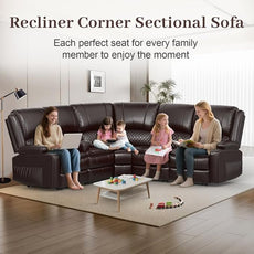 Home Theater Seating Reclining Sectional Sofa, 5 Seats Soft Leather Recliner Corner Sectional Couch, Recliner Couch with USB Charging, Thickened Padding, Sturdy Frame, Brown
