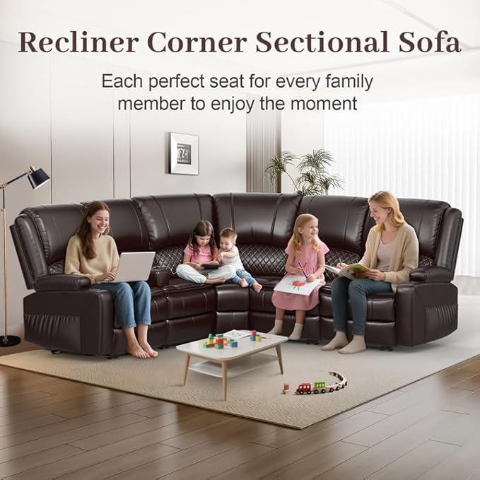Home Theater Seating Reclining Sectional Sofa, 5 Seats Soft Leather Recliner Corner Sectional Couch, Recliner Couch with USB Charging, Thickened Padding, Sturdy Frame, Brown