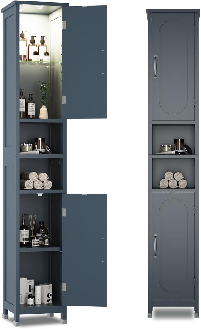 67" Tall Bathroom Storage Cabinet with Lights, Slim Narrow Bathroom Cabinet Organizer with Doors and Adjustable Shelves, Tall Cabinet for Small Space (66.9" Tall-Blue with Light, 1 Pack)