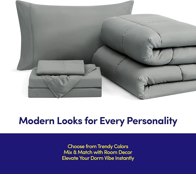 Dorm Room Essentials College Bedding Comforter Set 5 Piece Twin XL Size Bed in a Bag for College Students Boys and Girls, Twin, Gray