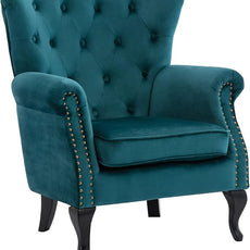 Mid Century Accent Chair Modern Button Tufted Armchair Wingback Club Chair Velvet Single Sofa Lounge Chair with Pillow for Living Room Bedroom, Teal Blue