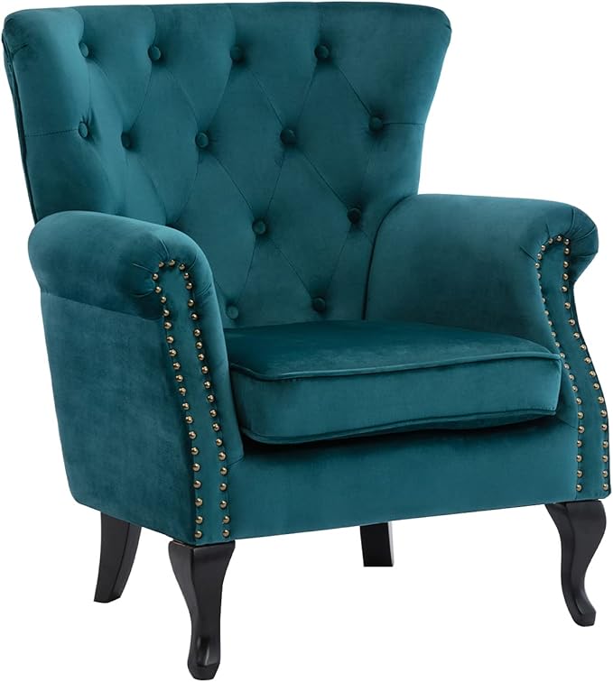 Mid Century Accent Chair Modern Button Tufted Armchair Wingback Club Chair Velvet Single Sofa Lounge Chair with Pillow for Living Room Bedroom, Teal Blue