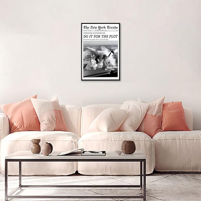 Retro New York Trends Wall Art Black and White Newspaper Poster Do It for The Plot Canvas Prints Funky Feminist Posters Trendy College Wall Decor for Bar Cart Hot Girl Dorm Room Decorative 16x24inch black framed