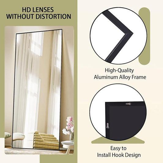 BEAUTYPEAK Full Length Mirror 64"x21" Nano Glass, Standing Rectangle Floor Mirrors Body Dressing Wall-Mounted for Living Room, Bedroom, Black