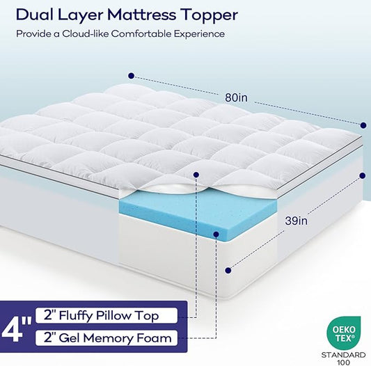 OLANLY Dual-Layer 4 Inch Twin XL Size Memory Foam Mattress Topper for College Dorm Room Essentials, 2 Inch Gel Memory Foam Topper, 2 Inch Cooling Pillow Top Mattress Pad Cover, White