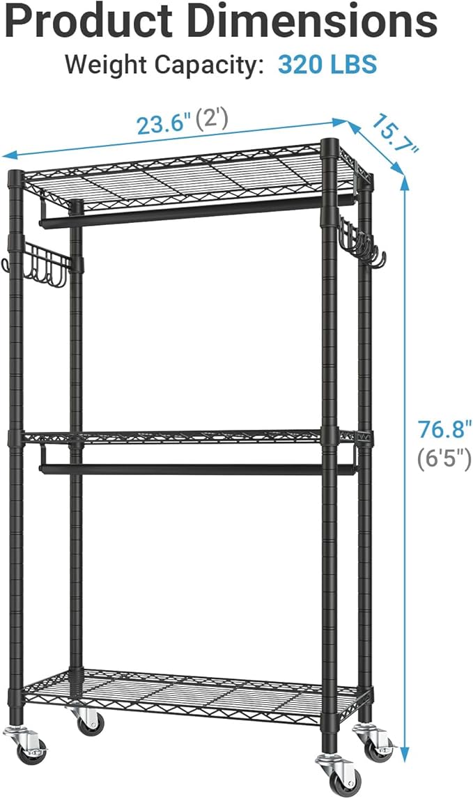 VIPEK R2 Mini Rolling Clothes Rack Heavy Duty Clothing Rack for Hanging Clothes Adjustable Portable Closet Metal Clothes Racks with Wheels Double Rods Side Hooks, Freestanding Garment Rack, Black