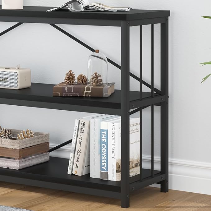 IBF 63" Black Low Horizontal Bookcase, Modern Long Wood Metal 3 Tier Book Shelf, Farmhouse Vintage Big Open Sturdy Bookshelf, Simple Large Wide Etagere for Home Living Room Office Bedroom, Black Oak