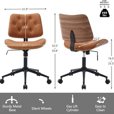 Armless Home Office Chair with Wheels, PU Leather Adjustable Height Computer Desk Chair, 360 Swivel Small No Arms Chair, Modern Button Walnut Style for Office, Reading Meeting Room(Brown)