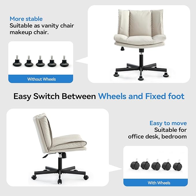 LEAGOO Criss Cross Chair with Wheels, Genuine Leather Armless Cross Legged Office Chair, Comfy Desk Chair, Modern Swivel Height Adjustable Computer Task Chair, Wide Seat Cute Chair for Home Office