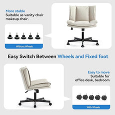 LEAGOO Criss Cross Chair with Wheels, Armless Cross Legged Office Chair, Comfy PU-Leather Desk Chair, Modern Swivel Height Adjustable Computer Task Chair, Wide Seat Cute Chair for Home Office(Beige)