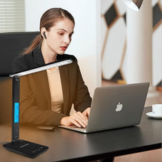 Desk Light with Wireless Charger, USB Charging Port, Dimmable Office Desk Lamp with Clock, Alarm, Date, Temperature, Foldable Lamp for Table Bedroom Bedside Office