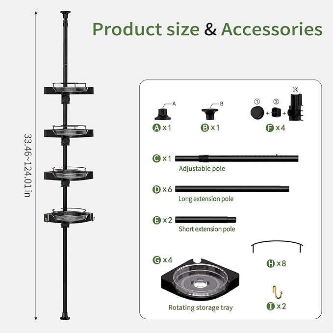 Corner Shower Caddy Tension Pole, 4 Tiers Rotating Shower Organizer for Bathroom Shelf Bathtub, Adjustable Standing Shower Rack Bathroom Accessories, Easily Assemble, 34-124 Inch Height,Black