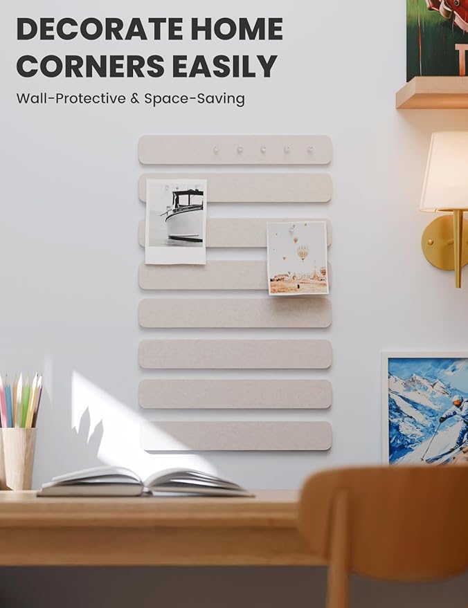 Cork Board Alternative Felt Strip Board 8-Pack 13"x2", Office Pin Board with 50 Push Pins, Adhesive Install for Bedroom Door & Home Office(Oatmeal)